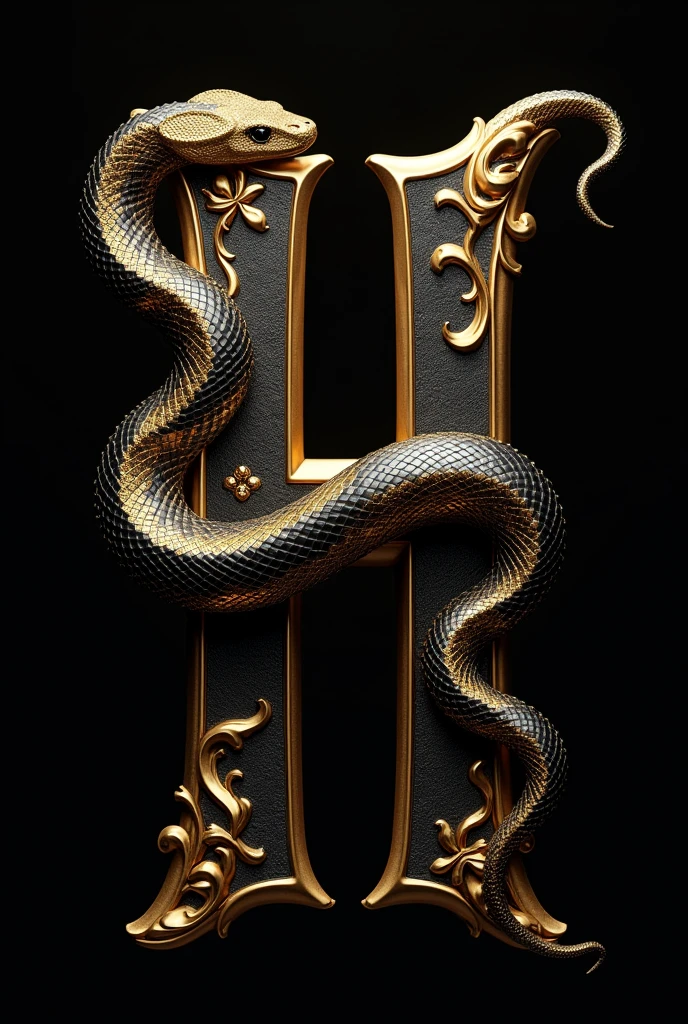 Create the letter H with gold details and a black and gold snake next to it. black backdrop.