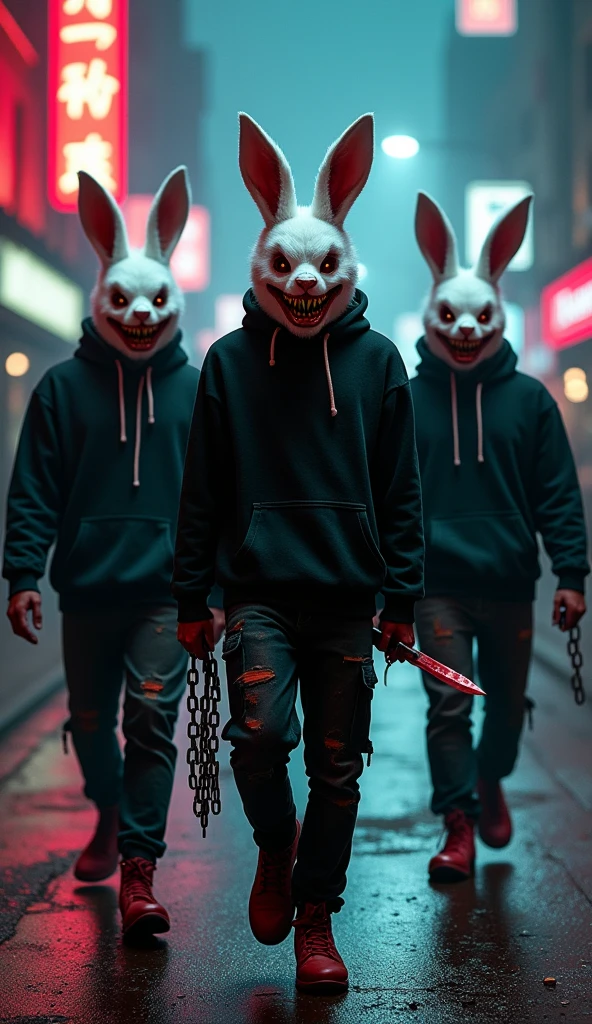 lizoldBS_soul3142, 3 males, different furry White bloody rabbit mask with creepy smile and yellow bloody teeth, completely Black torn hoodie, standing in the city street at night, neon lights in the background, steampunk, dystopia, ethereal, detailed, masterpiece, best quality, dramatic lighting, full body, torn Black pants, blood stains, walking to camera, holding ritual knife in the right hand, massacre in the background, chains in left hand, horror