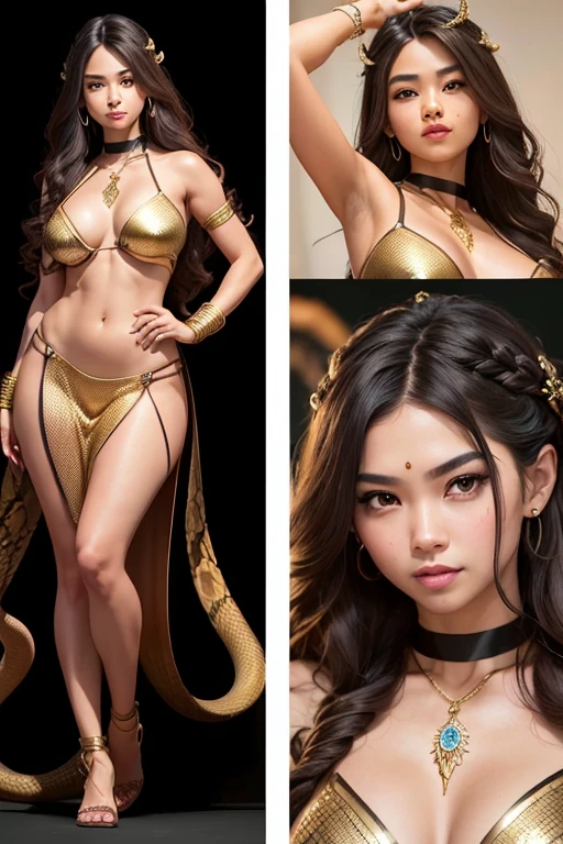 A young 15- yr Medusa's girl with Asian face features, charming face, perfect fullbody details, having large many snake pet, with a snake skin, body and hairs, (wavy hairstyles brown king cobra colors), ( having a dark skin tone texture masterpiece ), ( with many different poses, illuminating background Lights, crystalized glowing radiance all over, Large breasts, Covering Ears, Blush, Smile, Expressions, Nervous Smile, Crazy, Amber Eyes, Oral Invitation, Very Long Hair, brown king cobra Hair, Floating Hair, Wavy Hair, Tentacle Hair, Multiple Views, Tachi-e, Isometric View, Rotational Symmetry, Reference Sheet, Perspective, Collage, Fujifilm, Mole Under Mouth, Snake Hair Ornament, Bandage On, Hyperrealism, Cinematography, Jewelry, Masterpiece, Solo, Three Sided View, Character Sheet Full-Length, F/16, Social Media Composition,