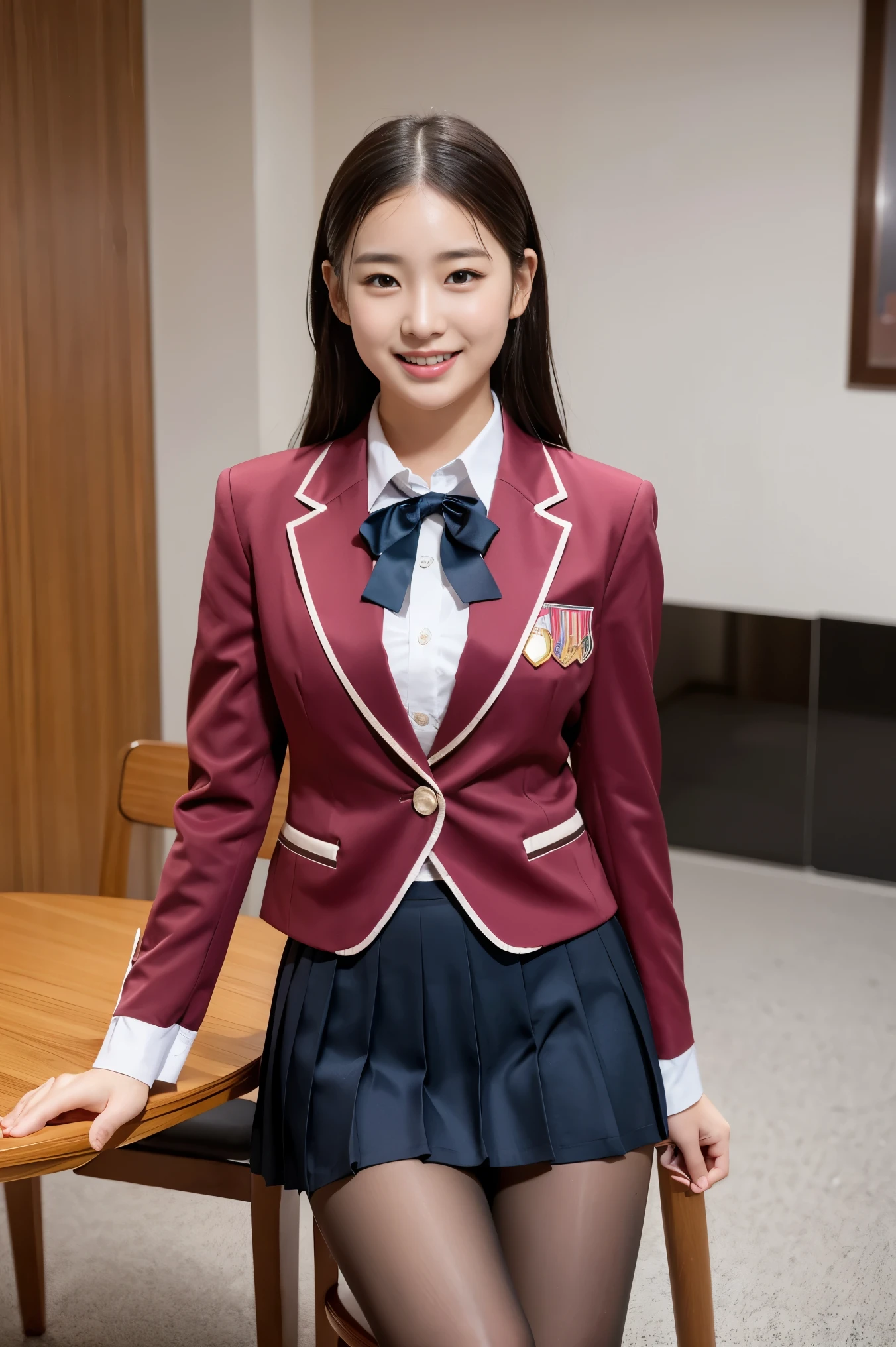 (8k), (highest quality: 1.2), (Realistic), (Realistic: 1.37), Ultra-high resolution, 1 girl, cute, Shiny skin,Blushing,smile, Mouth closed, Beautiful details, Beautiful Nose, whole body, Wet Hair, Giant Dulcefo, pork,Navel exposed,University Student Uniform,A simple blazer,Pleated skirt,Sit on a chair, shiny pantyhose