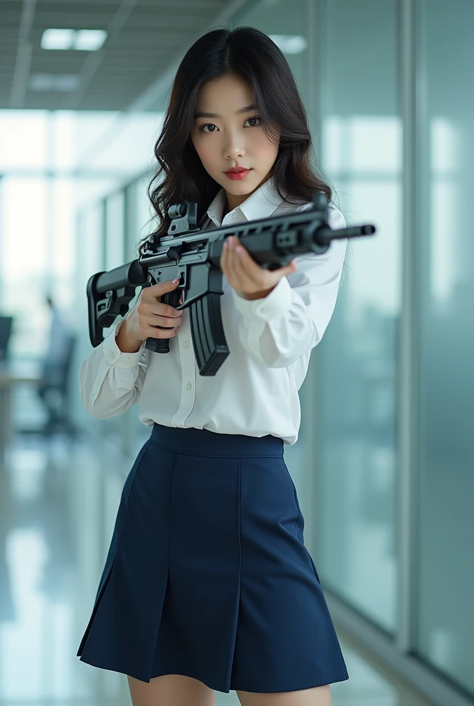 beautiful sweet big eyes office lady korean white shirt navy blue mini skirt standing legs spread apart hip shoulder firing rifle gun toting force grip aiming side target full portrait