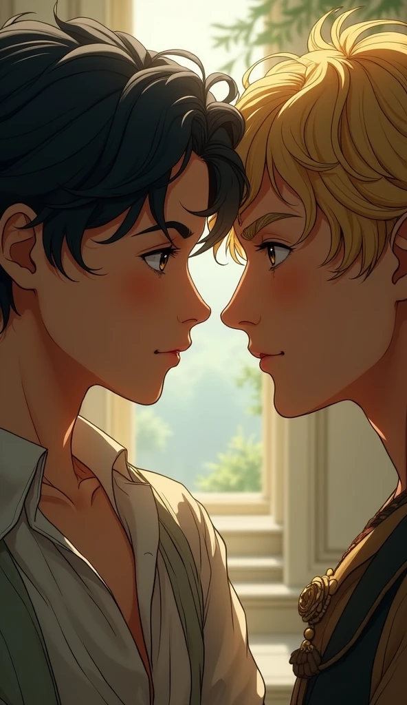 A young prince with black hair looked at a very handsome young peasant man with blond hair. 