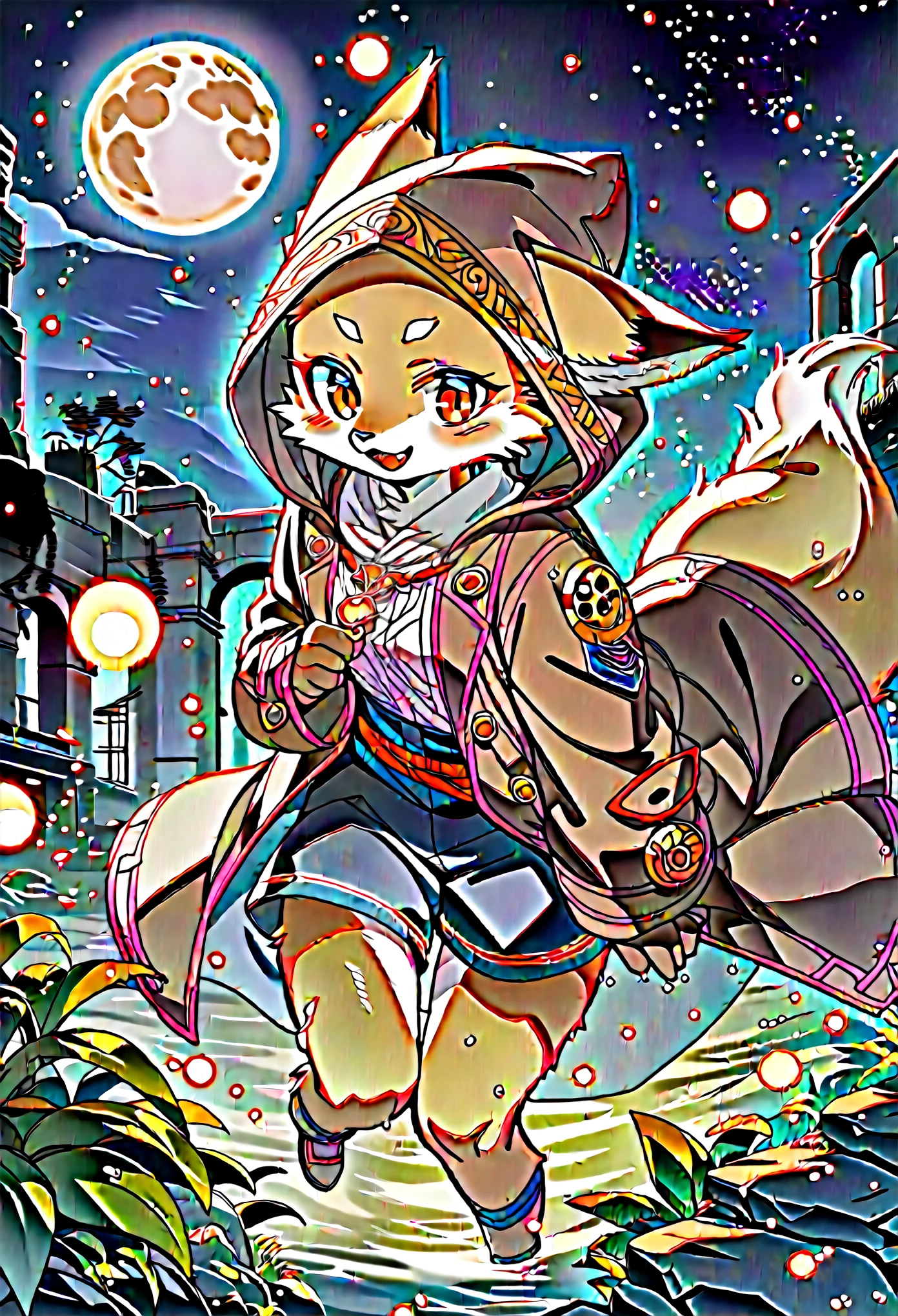 rating_safe, score_9, score_8_up, score_7_up, score_6_up, score_5_up, score_4_up, hires, highres, source_furry, cover page(kemono, furry anthro, boys, girls, fox, Golden fur, Golden yellow face fur, Red eyes, Brown elements on fur, Brown coat brown hood up)Plant elements in ruins, lichen, There is no other life, Night, starry sky, Vast landscape, moon full, meteors, Star cloud, Warm light source, Rained, wet clothes, overcast sky, Beautiful lights and shadows, Ambient light, Volumetric lighting, Dynamic configuration, Highly detailed and colorful details, luminous lighting, Atmospheric lighting, dream magical, magic, Glowing light,