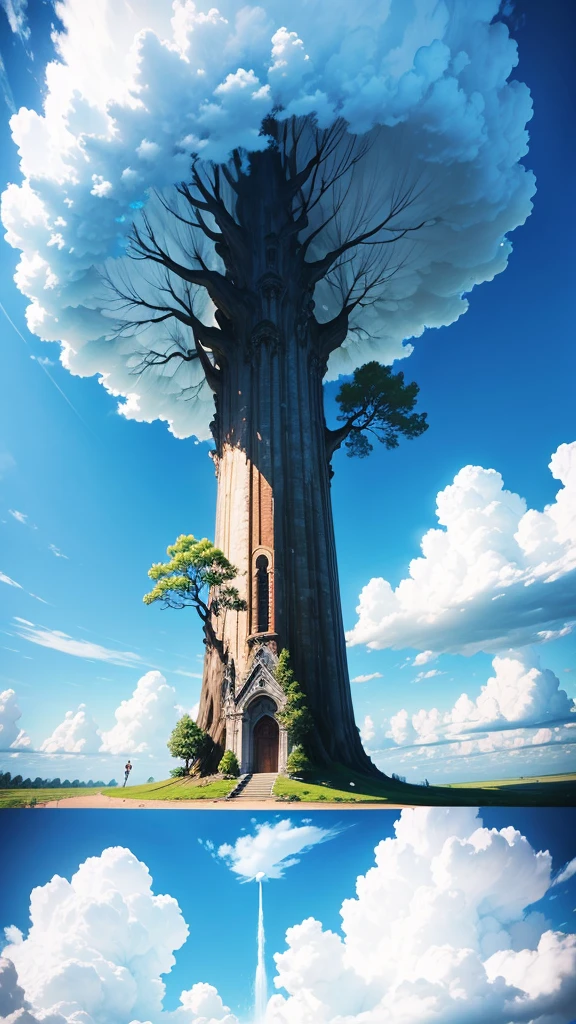 Big tree flying in the sky、White Entrance Cloud、blue sky、masterpiece, high quality, Ultra high definition,