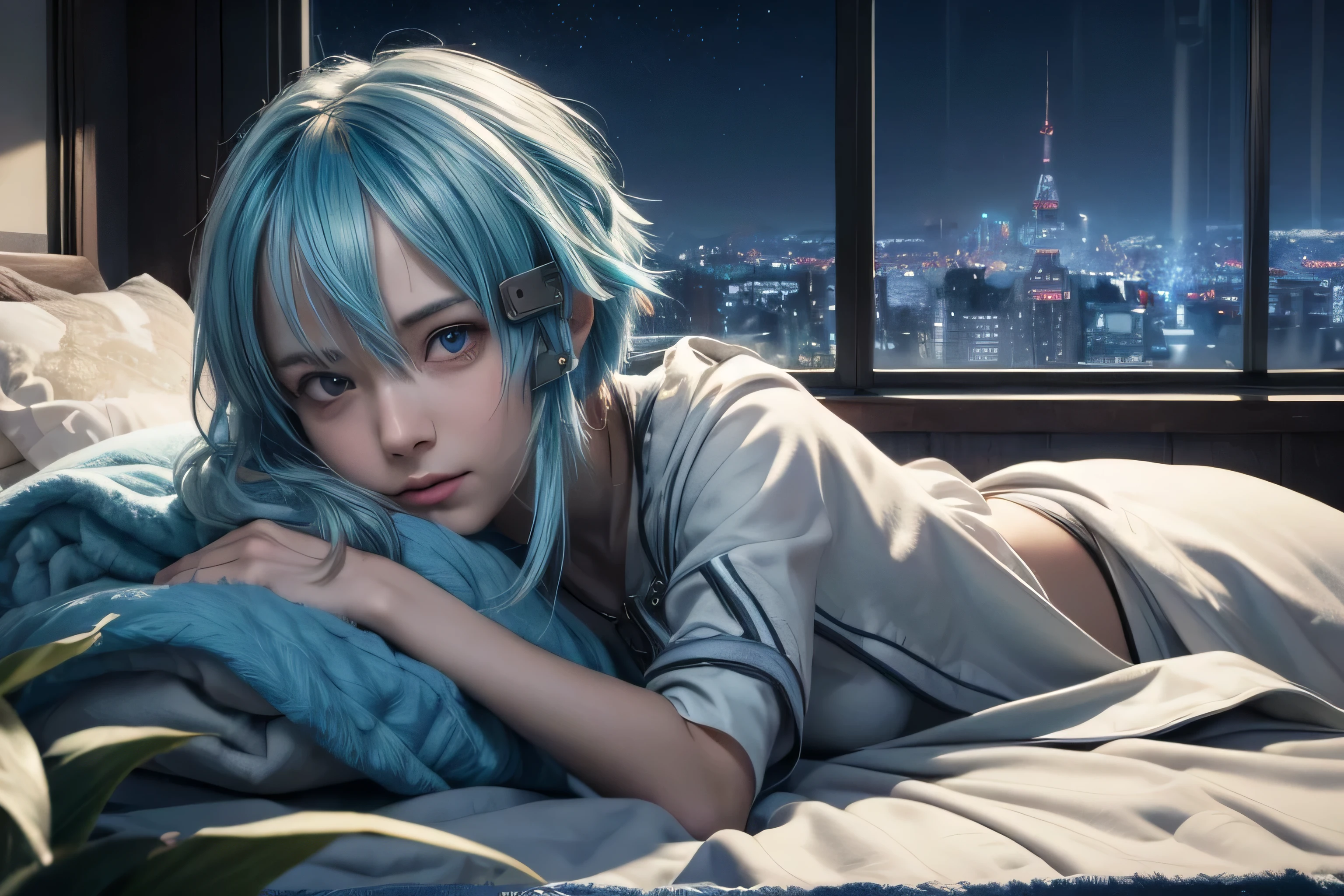 masterpiece, best quality, (realistic,photo-realistic:1.4), (RAW photo:1.2), extremely detailed CG unity 8k wallpaper, delicate and beautiful, amazing,finely detail, official art, absurdres, incredibly absurdres, huge filesize, ultra-detailed,extremely detailed eyes and face,light on face,sinon,(little smile),(blue hair:1.4),(short hair:1.4),(wearing blanket:1.4),(night background:1.4),(sidelocks:1.4),bed