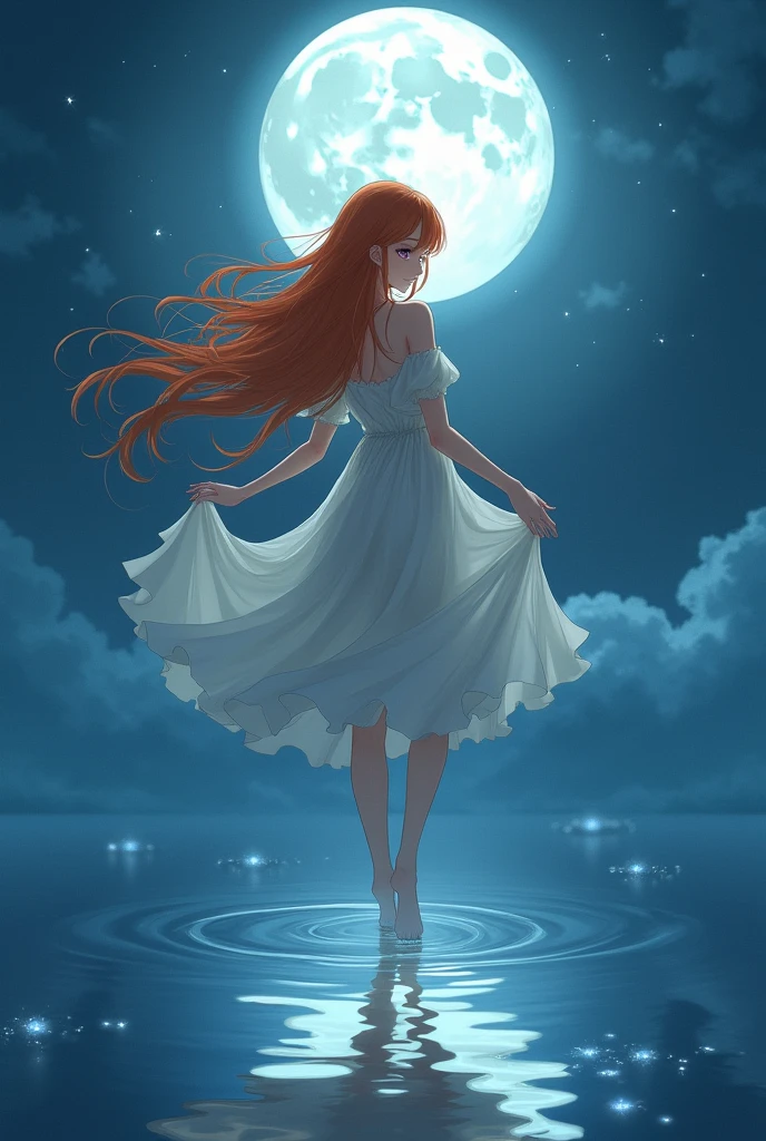 Long hair ginger anime woman dancin above water with the moon reflictin in it