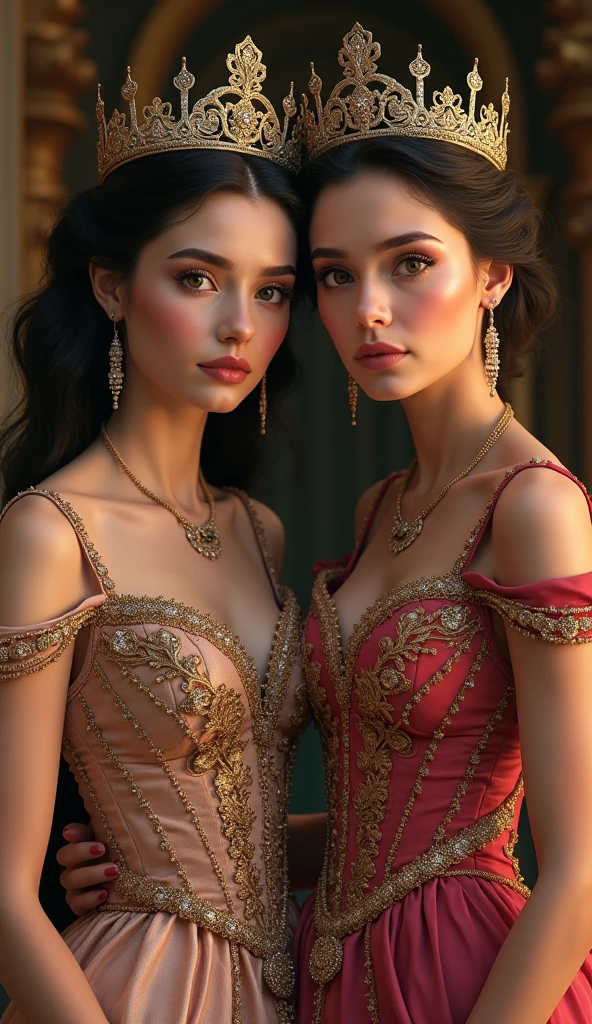 Very beautiful twin sister queens, Looking at the camera, Formal wear, crown, whole body