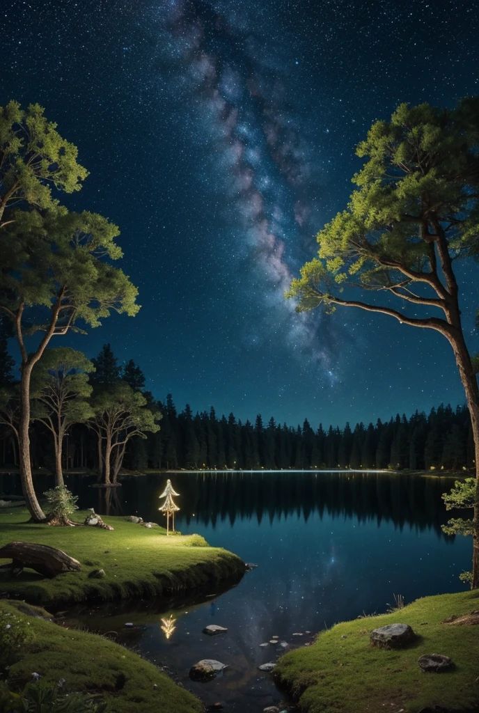 A large pine forest with flying fairies and nymphs around a large lake and a very starry sky