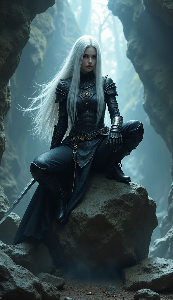 Drow female from baldur's gate, best quality, ultra-detailed CG unity 8k wallpaper,       sitting on a boulder, high resolution, dynamic pose, beautiful face, (dark platemail armor, red eyes), depth of field, underdark setting, magic light), (high fantasy) (white Hair, long flowing hair)