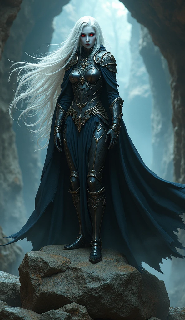 Drow female from baldur's gate, best quality, ultra-detailed CG unity 8k wallpaper, sitting on a boulder, high resolution, dynamic pose, beautiful face, (dark platemail armor, red eyes), depth of field, underdark setting, magic light), (high fantasy) (white Hair, long flowing hair)