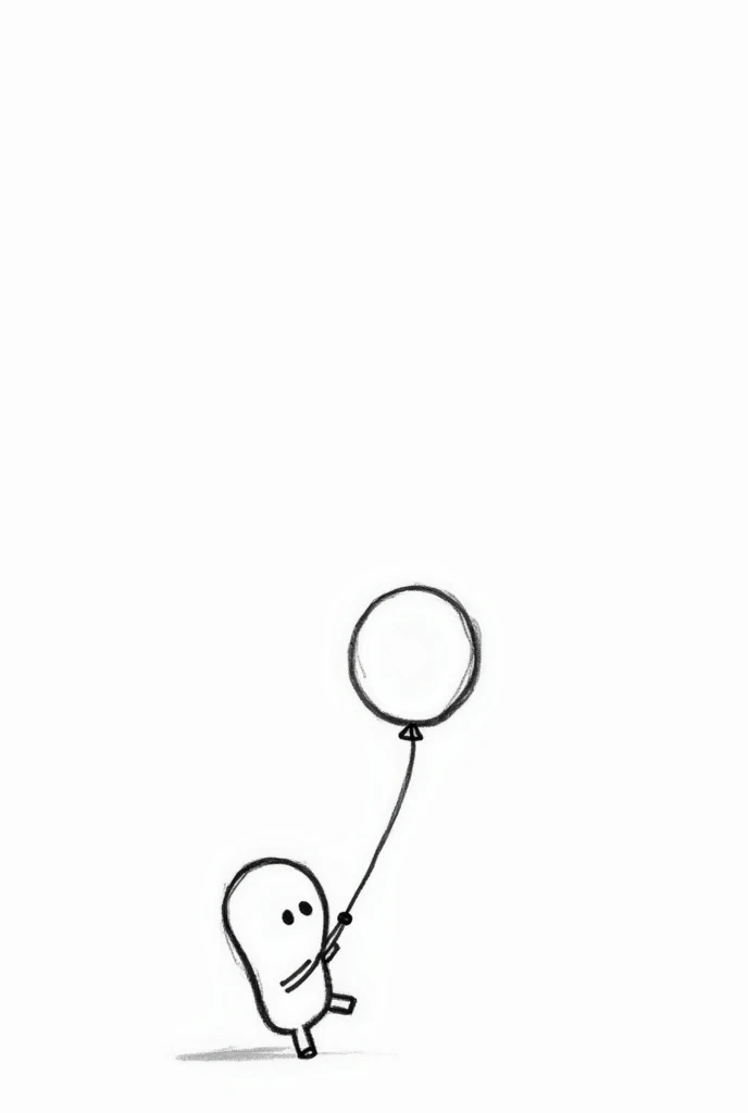 (Most of the background is solid white color.),Simple little cute cartoon character, doodle, minimalist, black and white, , holding a balloon