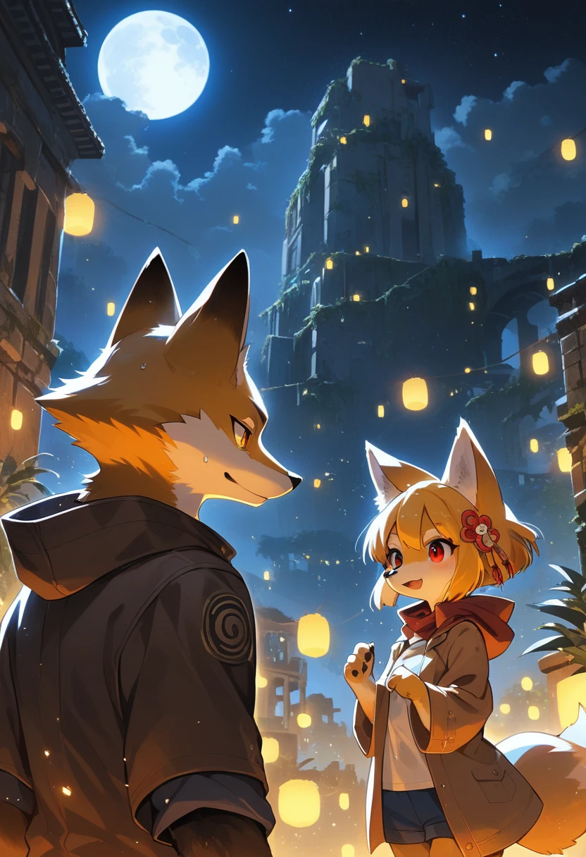rating_safe, score_9, score_8_up, score_7_up, score_6_up, score_5_up, score_4_up, hires, highres, source_furry, cover page(kemono, furry anthro, boys, girls, fox, Golden fur, Golden yellow face fur, Red eyes, Brown elements on fur, Brown coat brown hood up)Plant elements in ruins, lichen, There is no other life, Night, starry sky, Vast landscape, moon full, meteors, Star cloud, Warm light source, Rained, wet clothes, overcast sky, Beautiful lights and shadows, Ambient light, Volumetric lighting, Dynamic configuration, Highly detailed and colorful details, luminous lighting, Atmospheric lighting, dream magical, magic, Glowing light,