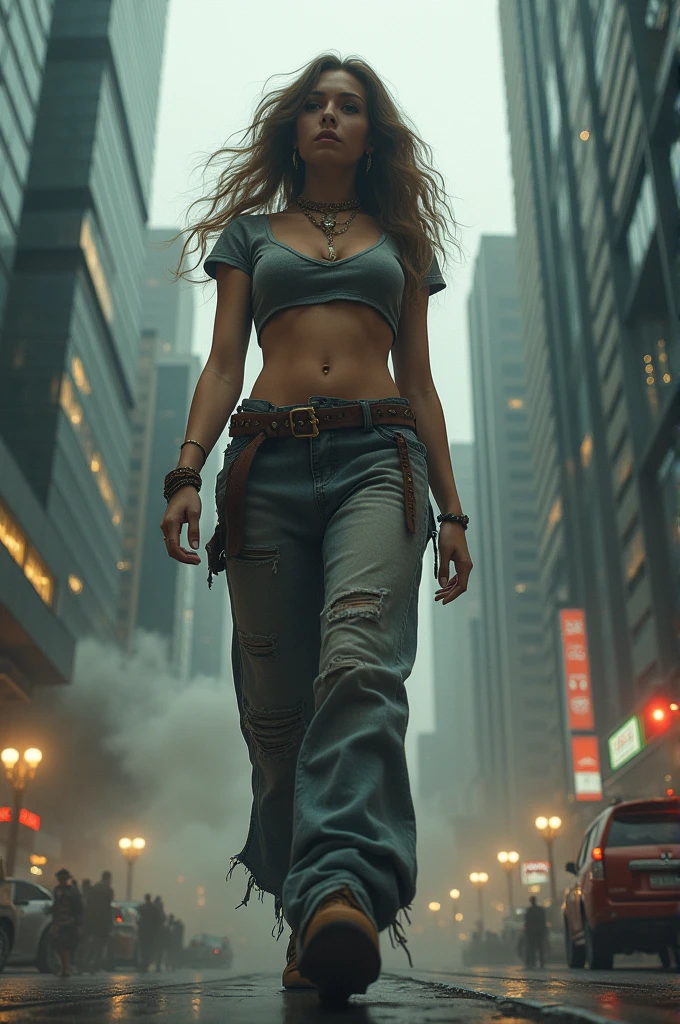 "A towering Giantess in a cool and laid-back hippie style is rocking a crop top and baggy pants. Her toned and athletic build hints at her massive strength. She seems to be casually strolling through the bustling cityscape of GTS City, as towering buildings loom overhead. Smoke and clouds roil around her, adding to the sense of epic scale and drama. The lighting is dark, gloomy, and realistic, creating a tense and ominous atmosphere. The perspective is from below, emphasizing the sheer majesty and power of the Giantess."