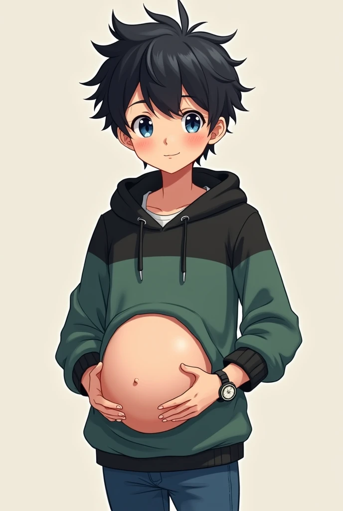 A Cute Handsome Boy 1 boy Wearing Green and Black Hoodie and jeans and watch on hand and have blue eyes and fluffy black hair and baby bump In stomach and hand on stomach..Anime