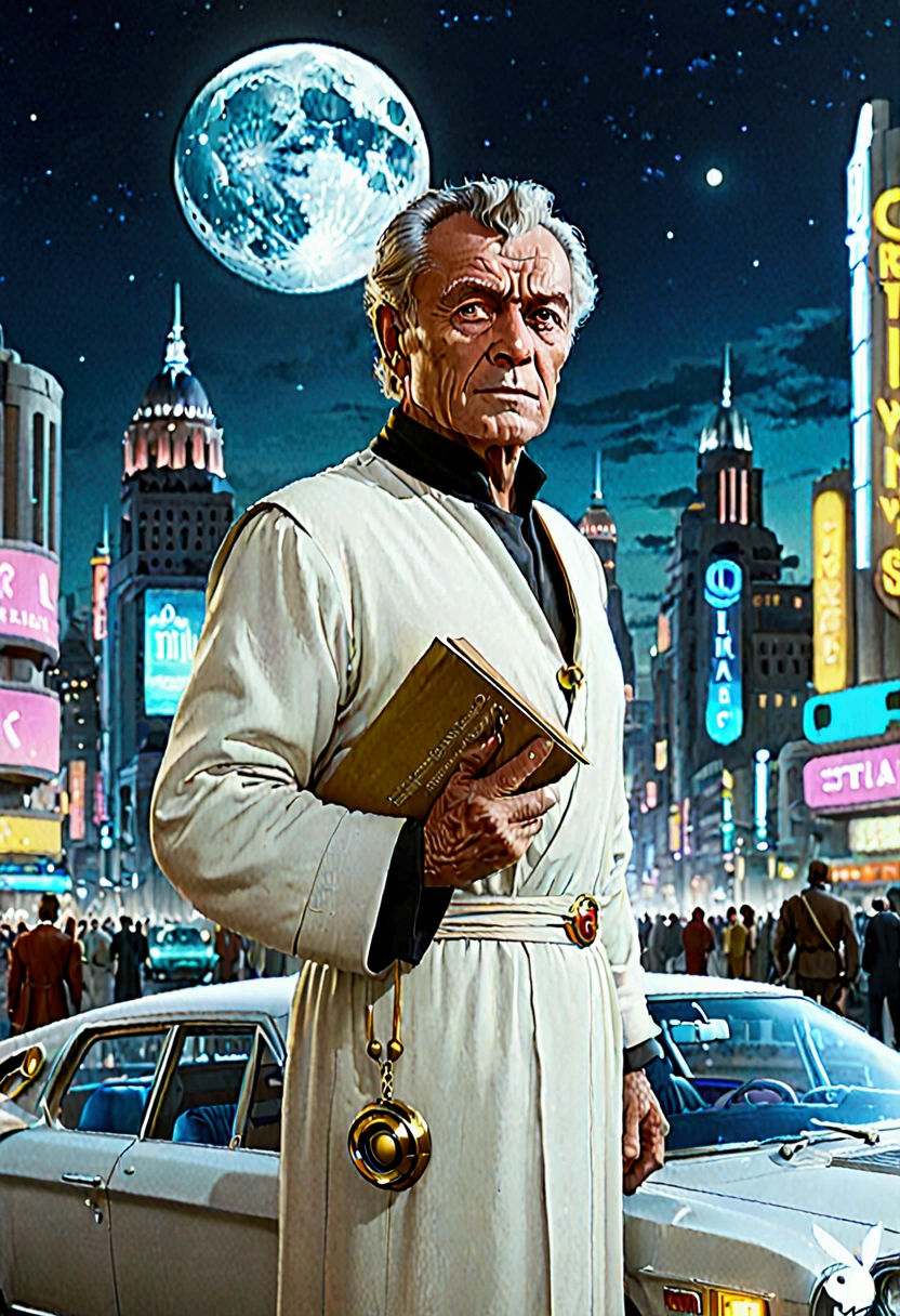 A hyper-realistic sci-fi image, 4k, of a futuristic city styled from the 1960s, with an impressive cityscape in the background featuring a Roman philosopher senior citizen looking away from the camera. The city is vibrant with bright colors, while the protagonist stands out in more muted tones. There are flying cars, it's nighttime in the city, with the moon in the sky, and the protagonist dressed like a Roman holding a scroll. I want it to say "The future is today" in an edition. Modern cars.