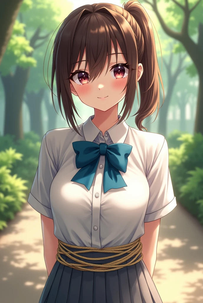 (masterpiece:1.2, top-quality, ultra high res, ultra detailed), (realistic, photorealistic:1.4), beautiful illustration, (natural side lighting, movie lighting), 
looking at viewer, (face focus, upper body), 1 girl, japanese, high school dirl, perfect face, (perfect anatomy), cute and symmetrical face, , shiny skin, slender
(long hair:1.5, straight hair:1.2, sark brown hair), parted bangs, grey eyes, long eye lasher, (medium breasts), 
beautiful hair, beautiful face, beautiful detailed eyes, beautiful clavicle, beautiful body, beautiful chest, beautiful thigh, beautiful legs, 
((detailed cloth texture, short sleeve white collared shirts, navy blue pleated mini skirt, red neck ribbon), , , 
(beautiful scenery), hands on chest, (lovely smile, upper eyes), IA girl is on all fours in a grassy field. A large dog is hugging her back.
Her face is bright red, her brow is furrowed, her mouth is open, and she looks delighted. Her large breasts and nipples are standing out, even through her shirt. The skirt is shorter than normal, but even shorter. The girl has brown hair.

(Very short skirt).