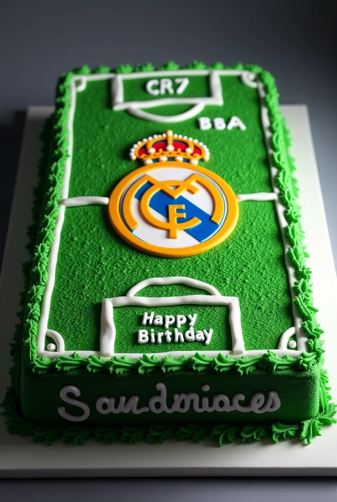 Rectangular cake with a football field theme and in the middle the Real Madrid logo on the top says happy birthday and on the bottom says Santiago and on the side says CR7