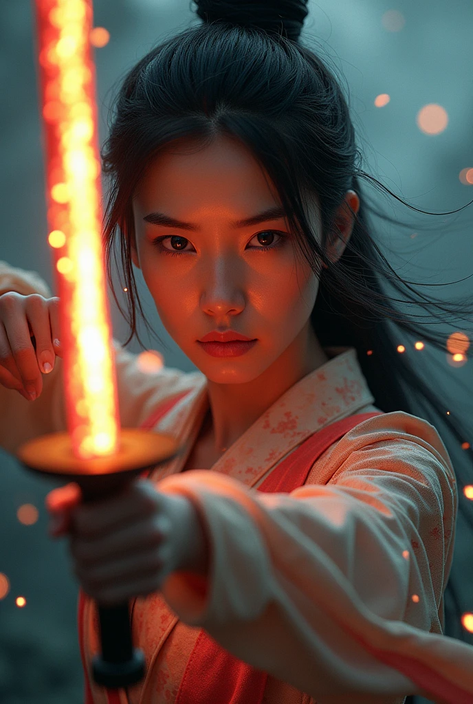 upperbody Photography of female swordman,atomically correct,Raw, cinematic shot, (sharp focus:1.5), (photorealistic:1.4), twilight lighting, volumetric lighting, ultra high res, 16K,dramatic lighting, abstract backgrounds:1.5),Glowing sword,(Fighting posture),Hold the hilt of a sword in your hand,1sword,solo,(zentangle,datura,Tangles,entangled:0.7) , depth of field, Fantastical Atmosphere, The most beautiful form of chaos, ellegance, Dark theme of Fauvist design, Flower of Death, Flowers of ecstasy,Glowing Line,Glow Example,Tracking example,flash, Backlight,translucent,light particles,jade,xianxia