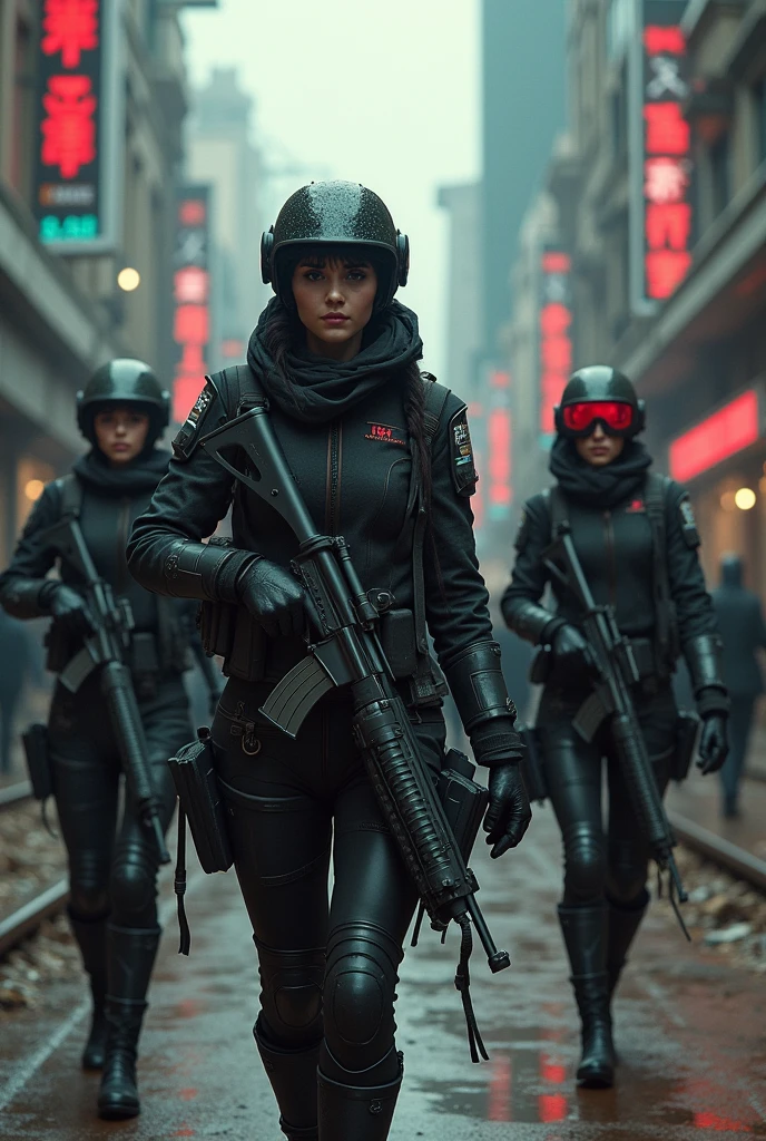 futuristic dystopian world, a group of female insurgences dressing up and preparing for battle