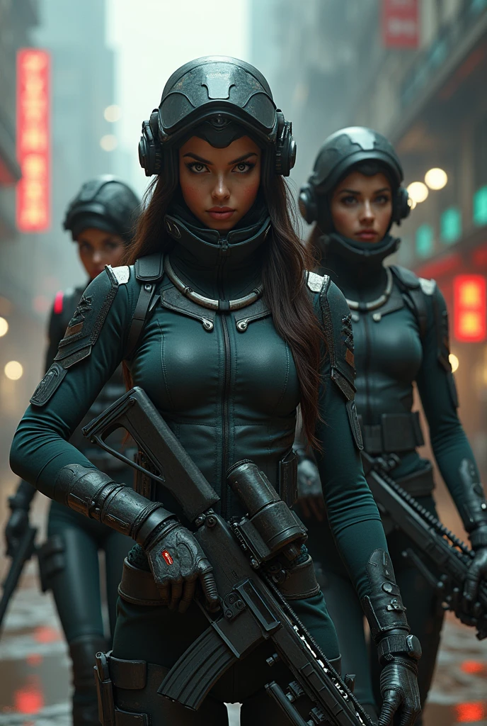 futuristic dystopian world, a group of female insurgences dressing up and preparing for battle