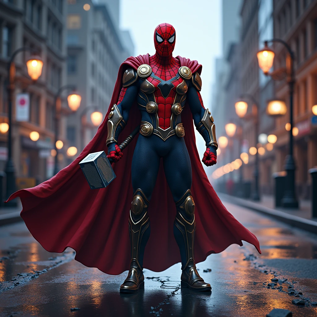 a highly detailed 2D illustration of Spiderman wearing Thor's attire, standing on a roadside, hyperrealistic, cinematic lighting, vibrant colors, intricate details, dramatic pose, muscular physique, glowing Mjolnir hammer, billowing cape, cinematic perspective, dramatic shadows, volumetric lighting, photorealistic textures, gritty urban environment, wet asphalt road, moody atmosphere, epic fantasy, comic book style
