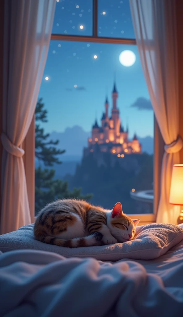 Highest quality, Bedroom、A cute calico cat is sleeping on a pillow,A room with a castle view from the window,High resolution, Back view, 短足Back view, moon,star