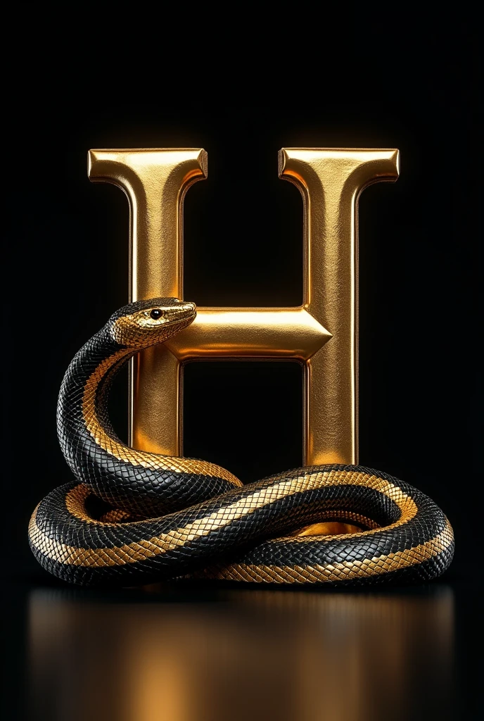 Create a golden letter H and a black and gold snake next to it. black backdrop.