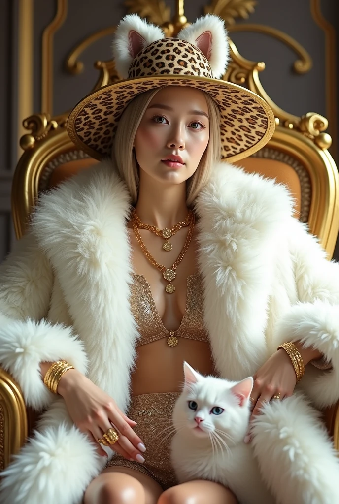 sexy young korean girl, korean, realistic, real,8k, clean, 18-year old girl with a blonde gorgeous hair, pale skin, her face is also very beautiful but and looks mature. sexy, She has a fit body. wearing huge white fur coat, big leopard fur hat, fur coat covering all the body, wearing big fluffy fur, sitting on golden throne on the fur mug, gold necklaces, alots of gold jewerly, white skin,princess cute, petting cat, gorgeous face, she has slim body, wearing huge white fur coat, many jewelry, alots of gold jewelry, every finger has golden rings, her sexy leg , she wearing fur slippers, holding a feather stick, fluffy feather stick, wearing huge crown, she has huge titties, she don't wear anything except fur coat, her fur cioat is too huge that it covers all the throne