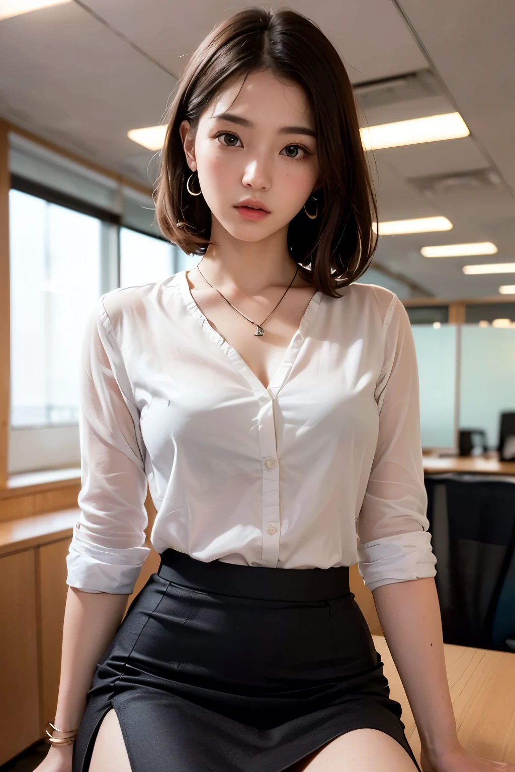 ((Realistic Sunlight, 8k, Top Quality, Masterpiece: 1.5, Best Quality, Illustration, Ultra-detailed, finely detail, high resolution, 8K Wallpaper, Perfect dynamic composition, Beautiful detailed eyes)), ((slit skirt:1.8)), Natural Color Lip, (office:2.0),24 years girl, shiny sweaty skin:1.4, ((beautiful detailed face and eyes:1.5)),((Highly detailed face and skin texture, Highly detailed lip texture, Beautiful detailed eyes, Raw Photo)), (Very Delicate and Cute Japanese Girl:1.5), (1 girl), Perfect Style, necklace, earrings, realistic shadows