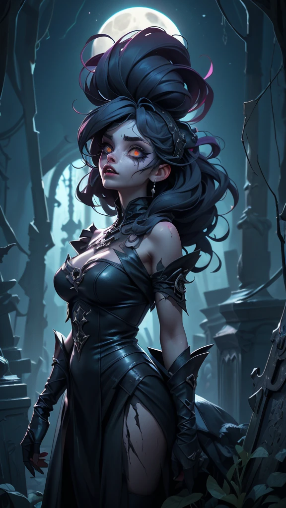A surreal and eerie scene featuring a zombie woman in a night cemetery, depicted in a gothic style with exaggerated and distorted features. The woman has pale, decaying skin with deep-set, glowing eyes, and her tattered clothing sways in the wind. The cemetery is filled with twisted, gnarled trees and tombstones, all under the ominous light of a bright, oversized full moon that casts sharp, contrasting shadows. The colors are vibrant and unnatural, with deep blues, purples, and eerie greens dominating the palette. The atmosphere is mysterious and unnerving, reminiscent of early 20th-century German Expressionism, with elements of dark fantasy and the uncanny. The overall composition feels like a nightmarish, otherworldly vision, capturing the essence of both horror and surrealism.