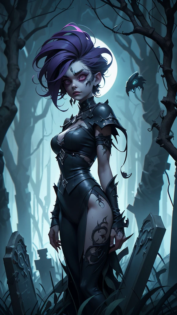 A surreal and eerie scene featuring a zombie woman in a night cemetery, depicted in a gothic style with exaggerated and distorted features. The woman has pale, decaying skin with deep-set, glowing eyes, and her tattered clothing sways in the wind. The cemetery is filled with twisted, gnarled trees and tombstones, all under the ominous light of a bright, oversized full moon that casts sharp, contrasting shadows. The colors are vibrant and unnatural, with deep blues, purples, and eerie greens dominating the palette. The atmosphere is mysterious and unnerving, reminiscent of early 20th-century German Expressionism, with elements of dark fantasy and the uncanny. The overall composition feels like a nightmarish, otherworldly vision, capturing the essence of both horror and surrealism.