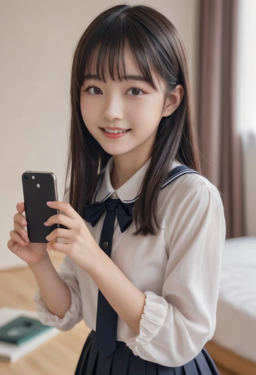 (Masterpiece, BestQuality:1.2), (hyperrealistic:1.1), (8k,Photorealistic), (superrealistic:1.4),little-girl taking a selfie,japanese,tween,twintail,school-uniform,((skirt-lift and shows her vagina)),(visible vagina),(she takes pleasure in showing her vagina),(she is holding a smartphone in one hand and taking a selfie), She is smiling brightly and posing happily,The background is the girl's room.BREAK (beautiful detailed teeth, eyes with large brown irises, blunt bangs,small mouth, fresh lips,nose blush),shiny skin,
