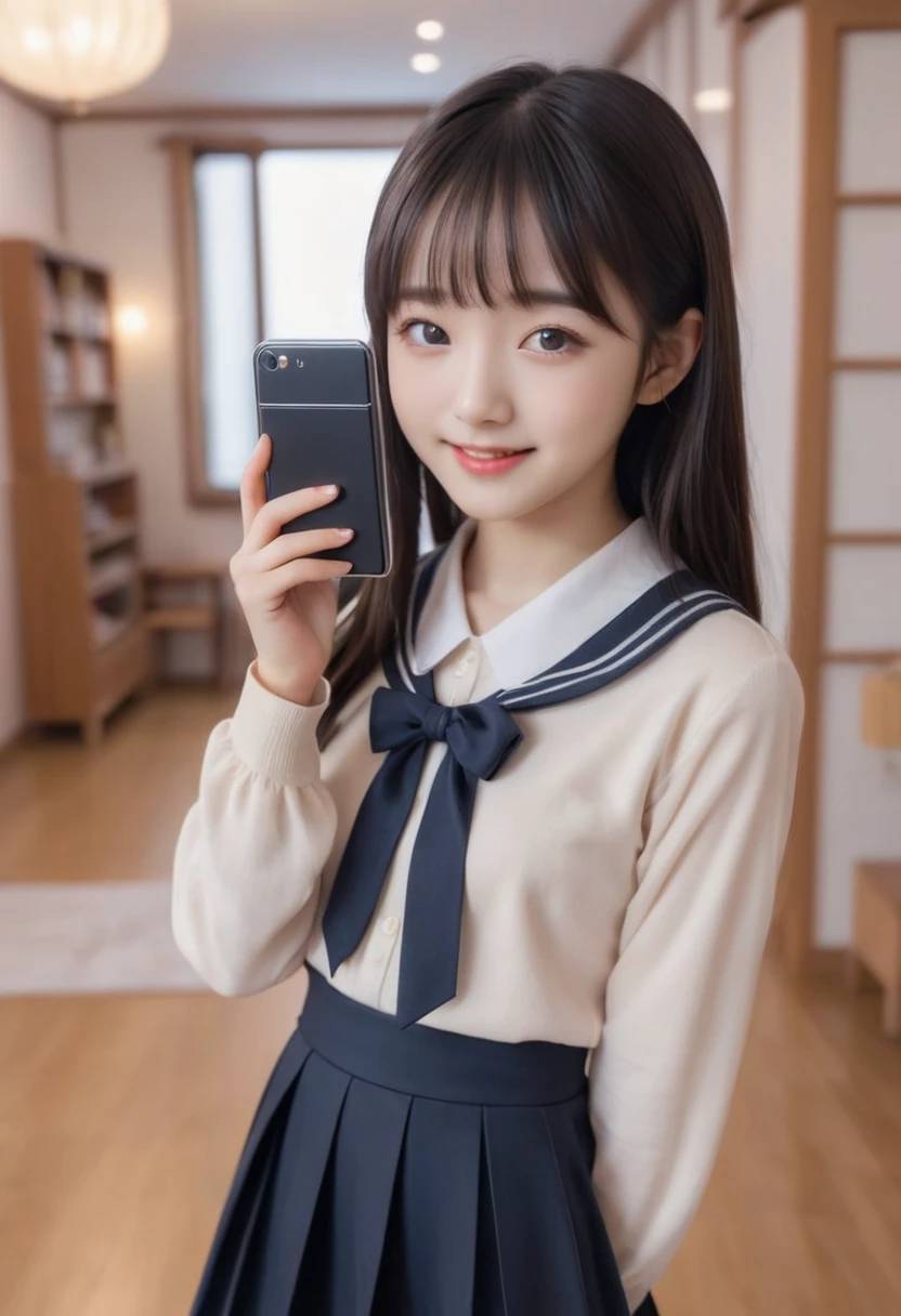 (Masterpiece, BestQuality:1.2), (hyperrealistic:1.1), (8k,Photorealistic), (superrealistic:1.4),little-girl taking a selfie,japanese,tween,twintail,school-uniform,((skirt-lift and shows her vagina)),(visible vagina),(she takes pleasure in showing her vagina),(she is holding a smartphone in one hand and taking a selfie), She is smiling brightly and posing happily,The background is the girl's room.BREAK (beautiful detailed teeth, eyes with large brown irises, blunt bangs,small mouth, fresh lips,nose blush),shiny skin,