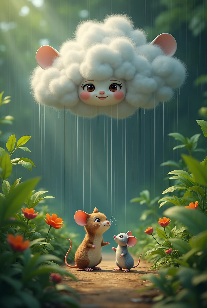Show a scene where Chinky, the little mouse, is looking up hopefully at a large gray cloud that is starting to rain. The cloud has a caring and determined expression, as if it’s trying to help Chinky. The jungle around them is fresh and lively, with rain droplets falling on green leaves and colorful flowers, capturing a moment of kindness and relief."