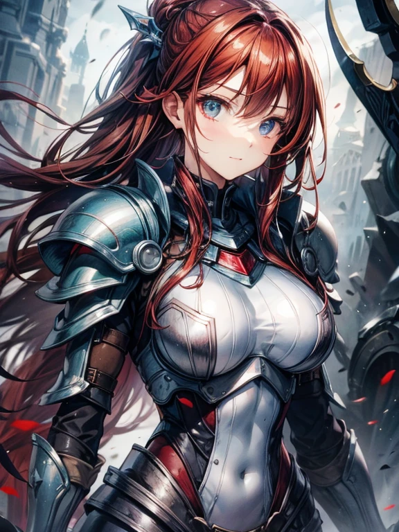 highest quality、Nice sexy body、One Woman、solo、(Beautiful busty woman:1.5)、Medium hair woman、((Woman with dark red hair))、A woman in silver armor、Smiling woman、ruins、Woman Holding a Sword、Woman walking