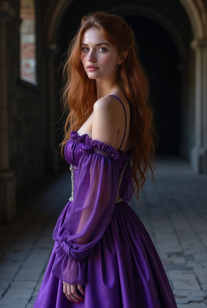 A far away image of an extremely beautiful woman, of Brown hair, eyes the color of honey, smiling , with freckles, small nose, full lips, very feminine features, dressed in a very beautiful wide bright purple dress, in the middle of a completely black castle hallway