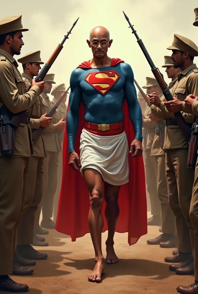 Mahatma Gandhi as superman fighting with British soldiers