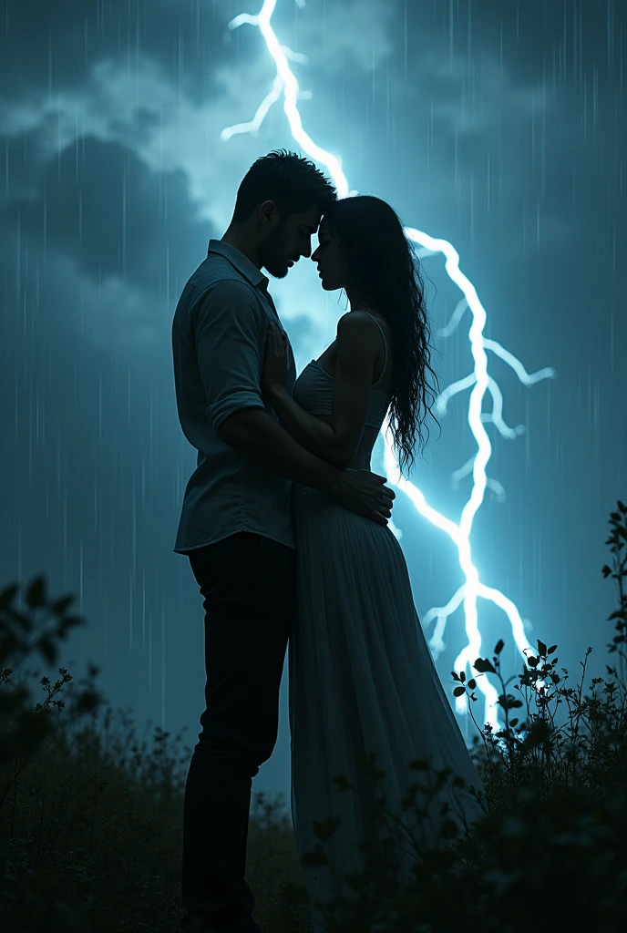 a couple in love standing in the rain with a thunderstorm and lightning in the background