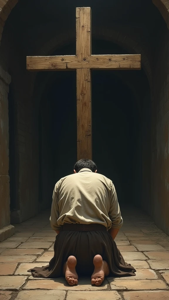 A lot , a wooden cross , a man with his back kneeling worshiping the 