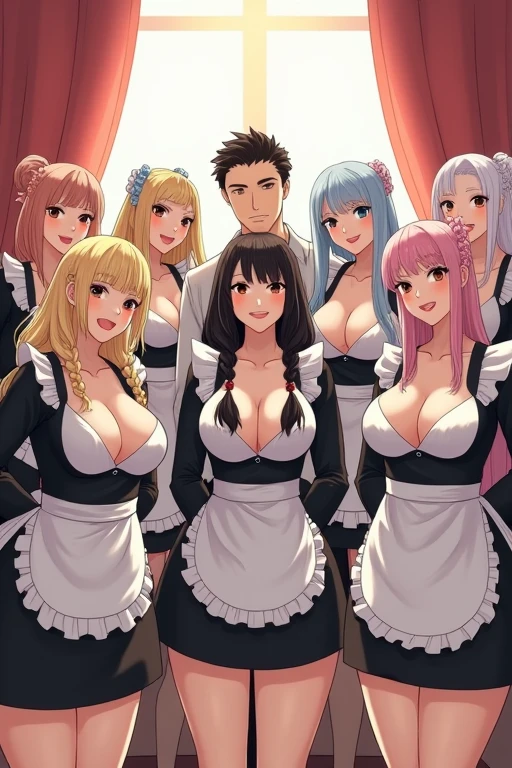 (masterpiece), highest quality, (10 girls, group photo:1.4), beautiful body, ((huge breasts))),(huge breasts),(saggy breasts))))), (white skin)), blonde hair, silver hair, twin tails, Braid, amount, ((leaning forward)), ((leaning forward)), (grinning face))),(put your hands behind your back), ((Maid clothes)), (Bedroom), ((leader is a man in standing in the middle)).