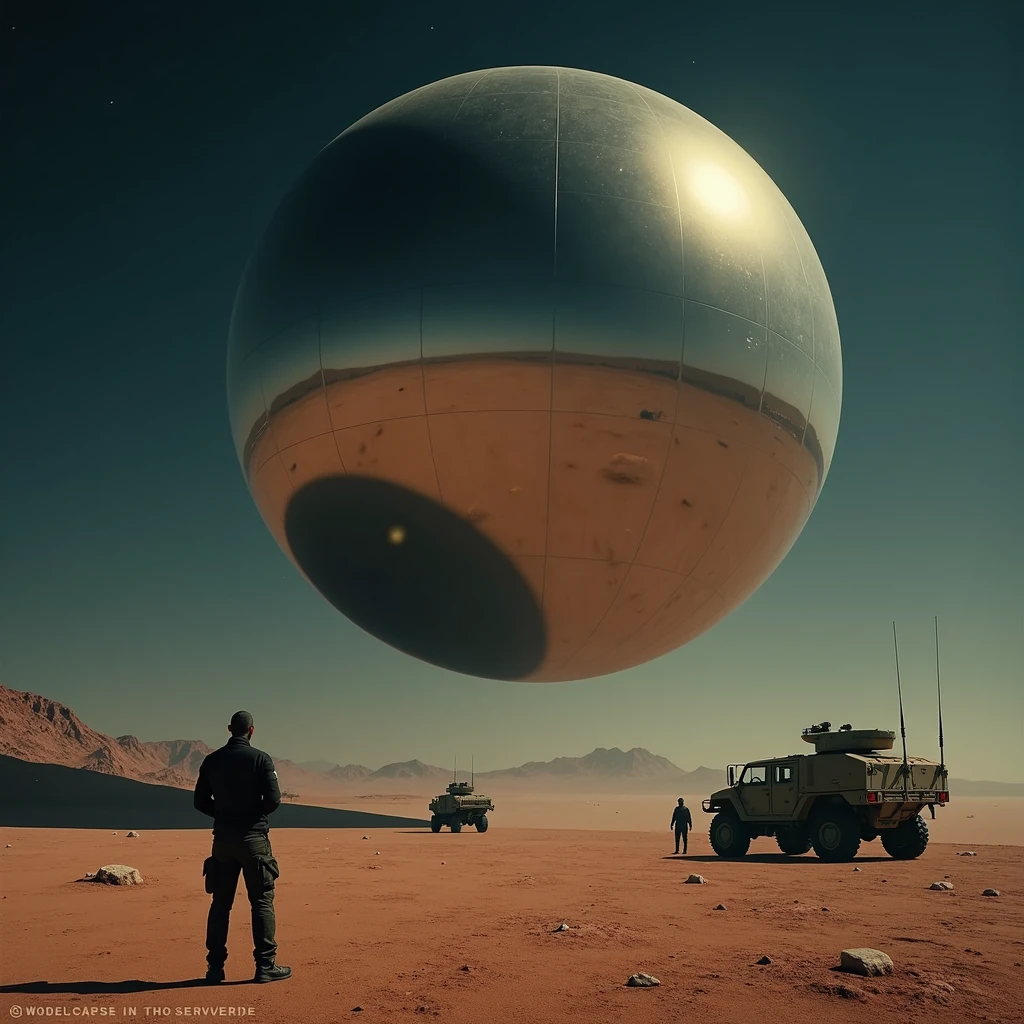 A massive smooth surfaced mirrored sphere hovers above the desert floor at night, military vehicles face away from the viewer toward the sphere, photo realistic