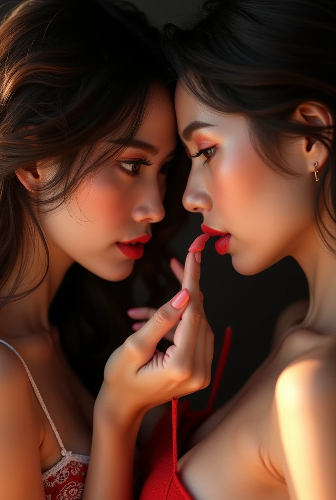 a sensual japanese woman, beautiful detailed eyes, beautiful detailed lips, extremely detailed eyes and face, long eyelashes, 2 women with large breasts, shoulder to shoulder, late 20s, married, finger in mouth, envious expression, (best quality,4k,8k,highres,masterpiece:1.2),ultra-detailed,realistic,photorealistic,photo-realistic:1.37,vibrant colors,dramatic lighting,chiaroscuro,elegant,feminine