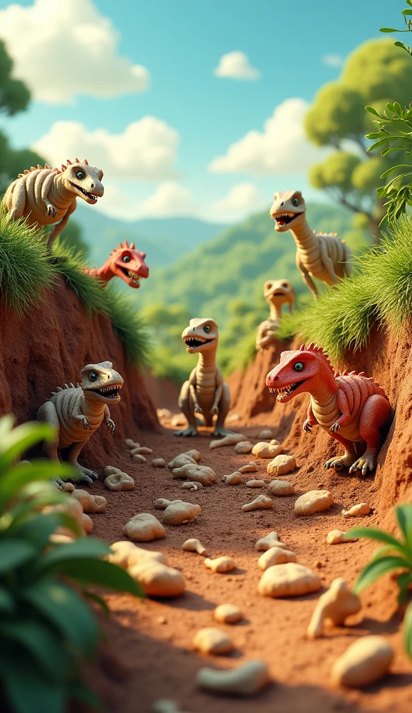 gernate a picture of dianasours tales and bones that is found buried in earth in animated form