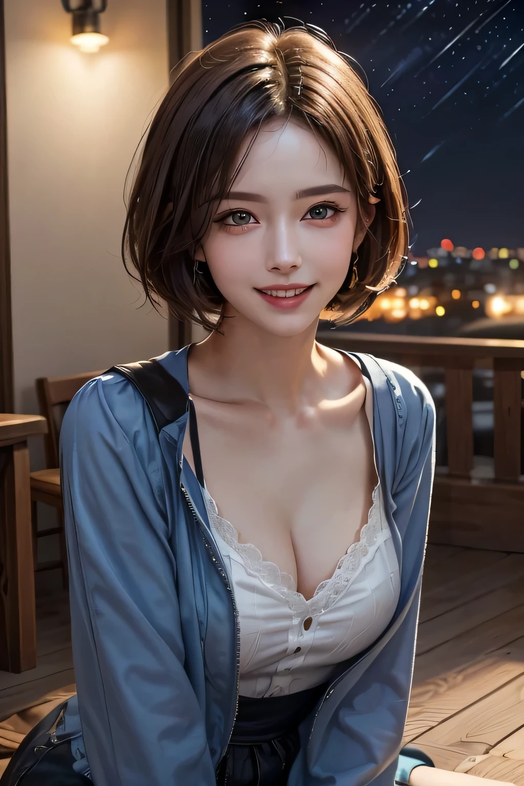 (highest quality, 8k, 32K, masterpiece), (Realistic), (Realistic:1.2), (High resolution), (night:1.7), Japan, cyber punk, 街の景Farbe, In front of the window,Wooden floor, Blue jacket, Grey Shirt, clavicle, jewelry, gem, Brunette Bob, 1 female, 4, (Grin), Beautiful body, beautifulNose, beautifulcharacter design, Perfect Eyes, perfectface, Expressive eyes, View your viewers, Center the image, (Cowboy Shot), Official Art, Very detailed CG Unity 8k wallpaper, Perfect lighting,Farbeful, bright_front_face_Lighting,Glowing Skin, (masterpiece:1.0),(Highest_quality:1.0), 超High resolution,4K,Very detailed, photograph, 8k, High resolution, High resolution, absurdes:1.2, Kodak Port 400, Film Grain, Blurred Background, bokeh:1.2, Lens flare, (Vibrant_Farbe:1.2) (beautiful,chest), (beautiful_face:1.5),(narrow_Waist)
