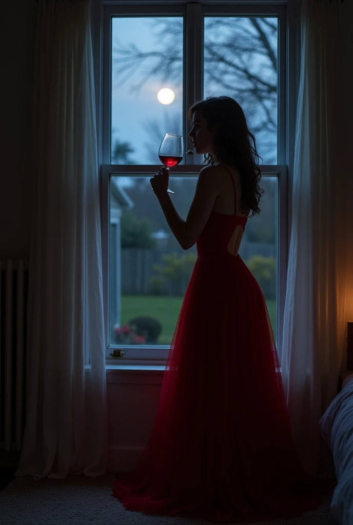 In a dimly lit white room, a beautiful and sexy lady in a long red dress stands by the window sipping a glass of wine, looking at the moon, the backyard at night.