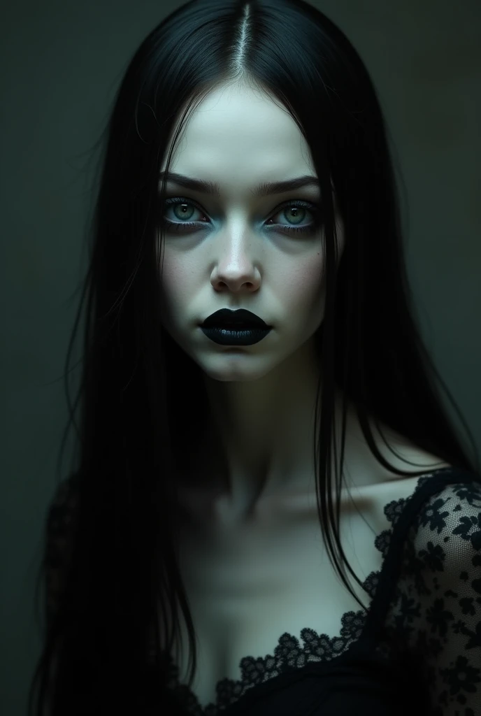 A pale woman with dark circles under her eyes. She wears a black lace outfit from the medieval period. Her hair is messy and straight, with a shade as black as night. She has small lips and wears black lipstick. She is very scary looking.