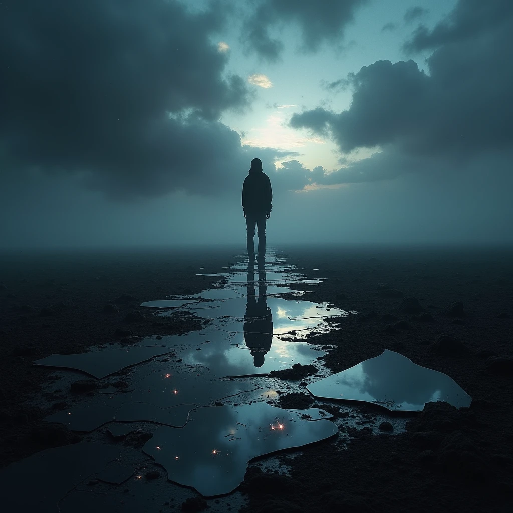 Create a deeply emotional and visually striking album cover that embodies the themes of self-discovery, pain, betrayal, and resilience found in the songs 'ALMA QUEBRADA,' 'LUXURIA,' 'LOLITO,' 'VIDA EM PEDAÇOS,' 'EU NASCI ASSIM,' and 'MARCAS INVISÍVEIS.' The scene should feature a vast, dark landscape under a stormy, tumultuous sky. In the foreground, a shattered mirror or fragments of glass are scattered across the ground, each reflecting a different scene or emotion: a faint light breaking through heavy clouds, a piano with keys illuminated by a soft glow, swirling neon lights suggesting the seductive allure of the night, and blurred, shadowy figures representing the pain of betrayal and the struggle for identity.
In the distance, a lone strong figure stands, partially obscured by mist, representing the internal journey and the invisible scars that remain. The sky above is a blend of deep blues, purples, and grays, with hints of dawn and neon light subtly breaking through, symbolizing hope amidst the darkness. Abstract waves of light and shadow intertwine throughout the image, connecting the various elements and evoking a sense of movement and emotional depth. The image should be free of any titles or text, allowing the visuals to fully convey the depth and complexity of the music.