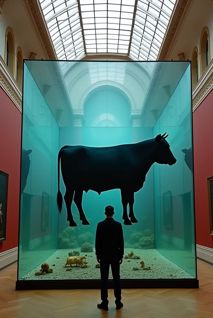 British art、Museum、Museum、exhibition、exhibition、Inorganic、Contemporary art、Satire、Silhouette of a cow、mural、Street art、shadow、Saturation、Saturator、(masterpiece:1.2)、of the highest quality、epic scale、realist、realist、huge case、aquarium、Art displayed inside a waterless aquarium、detailed decoration、(It operates with a score of 0 on the Seaart rating system)、Fragmented theme、trick art、Weight、space、space的、Gravity、Attainable work of art、Using things that exist in our daily lives as a motif、collage、Photo montage、sf,4k, Details, masterpiece 