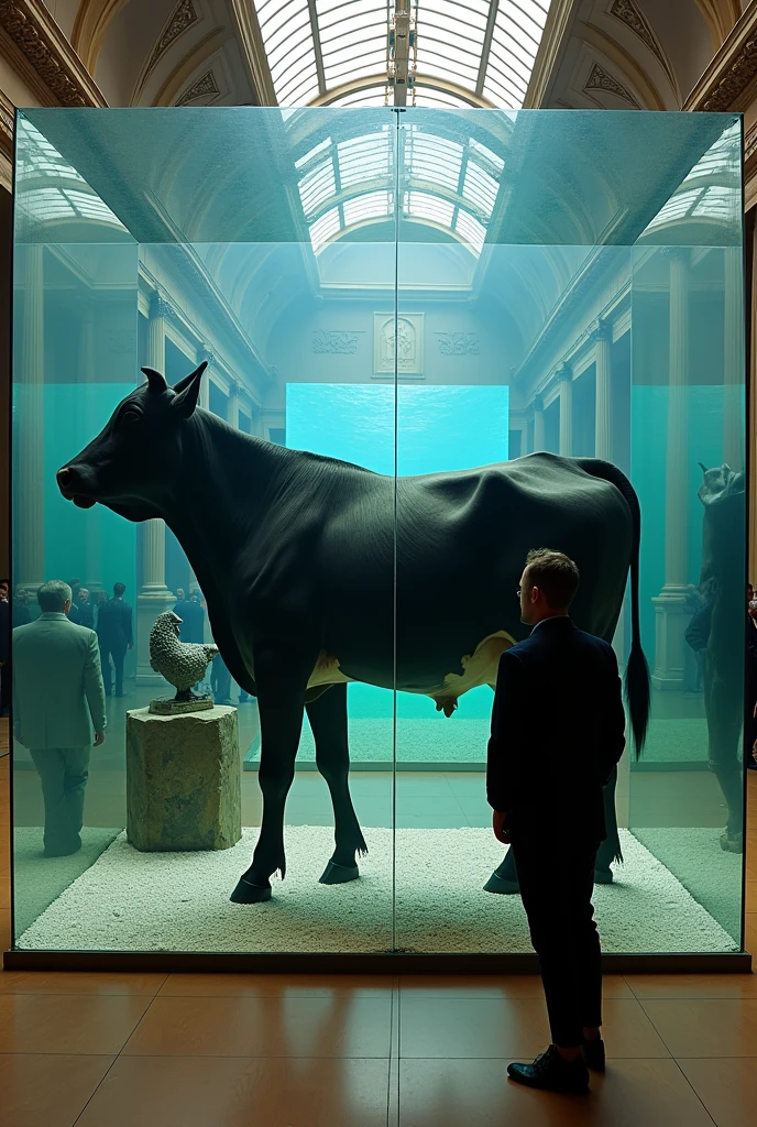 British art、Museum、Museum、exhibition、exhibition、Inorganic、Contemporary art、Satire、Silhouette of a cow、mural、Street art、shadow、Saturation、Saturator、(masterpiece:1.2)、of the highest quality、epic scale、realist、realist、huge case、aquarium、Art displayed inside a waterless aquarium、detailed decoration、(It operates with a score of 0 on the Seaart rating system)、Fragmented theme、trick art、Weight、space、space的、Gravity、Attainable work of art、Using things that exist in our daily lives as a motif、collage、Photo montage、sf,4k, Details, masterpiece