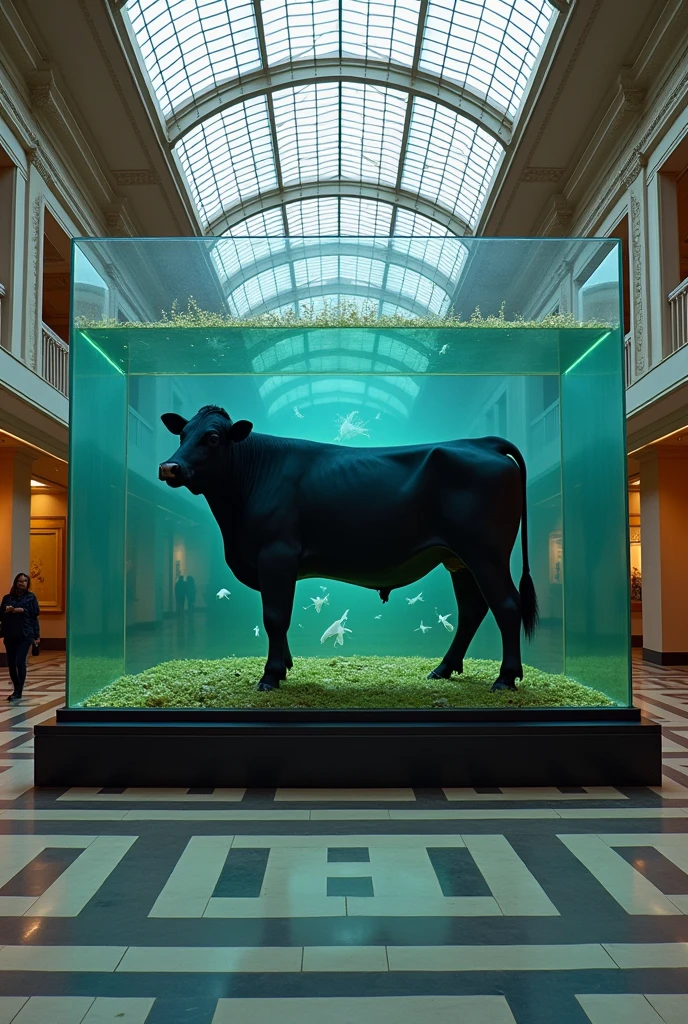British art、Museum、Museum、exhibition、exhibition、Inorganic、Contemporary art、Satire、Silhouette of a cow、mural、Street art、shadow、Saturation、Saturator、(masterpiece:1.2)、of the highest quality、epic scale、realist、realist、huge case、aquarium、Art displayed inside a waterless aquarium、detailed decoration、(It operates with a score of 0 on the Seaart rating system)、Fragmented theme、trick art、Weight、space、space的、Gravity、Attainable work of art、Using things that exist in our daily lives as a motif、collage、Photo montage、sf,4k, Details, masterpiece 